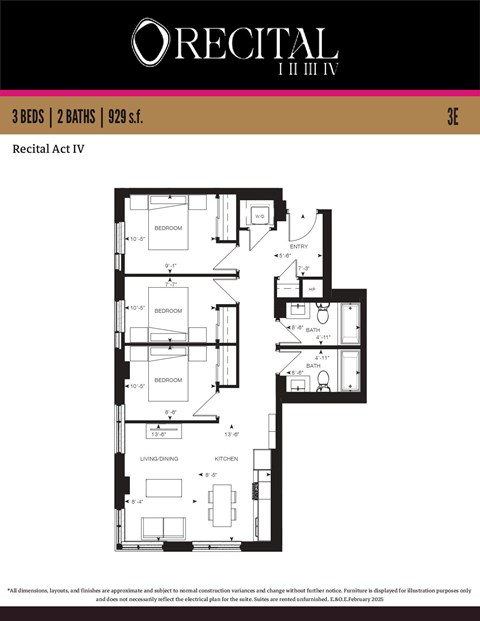 A floor plan for the Recital Act IV apartment, which has 3 bedrooms and 2 bathrooms.
